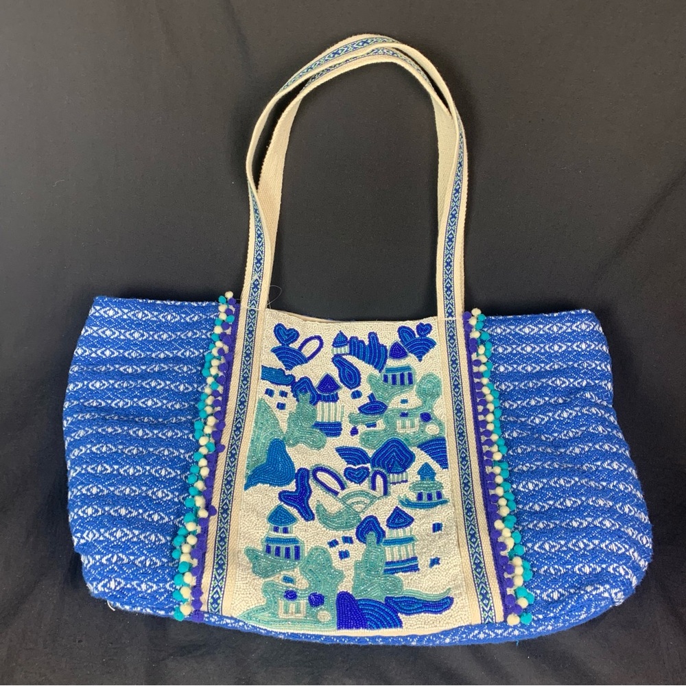 A&B Limited Edition Trendy Blue and Cream Beaded Tote Bag NWT
